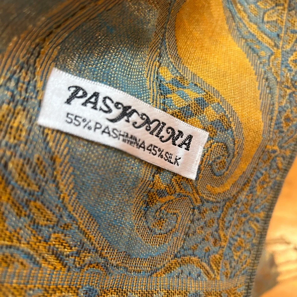 Vintage Oversized Pashmina Wrap Scarf Teal Gold Paisley Fringe Shawl